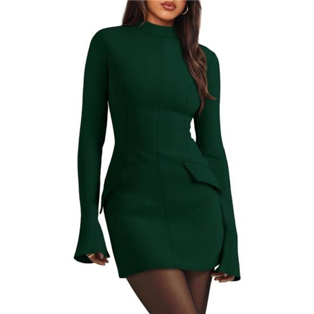 OFEEFAN Women's Fall Long Sleeve Mock Neck Dress Basic Party Club Bodycon Mini